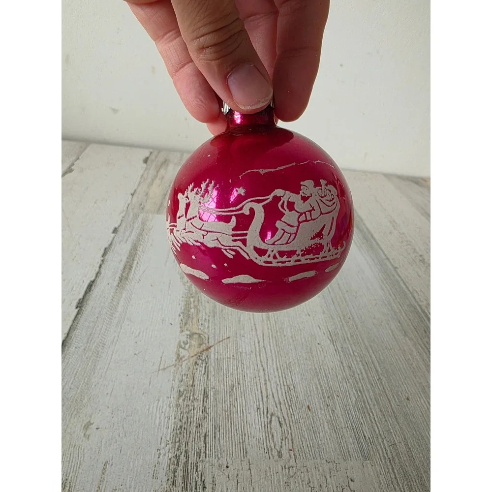 Vintage reindeer pink stencil sleigh Santa shiny Brite ornament glass Xmas tree